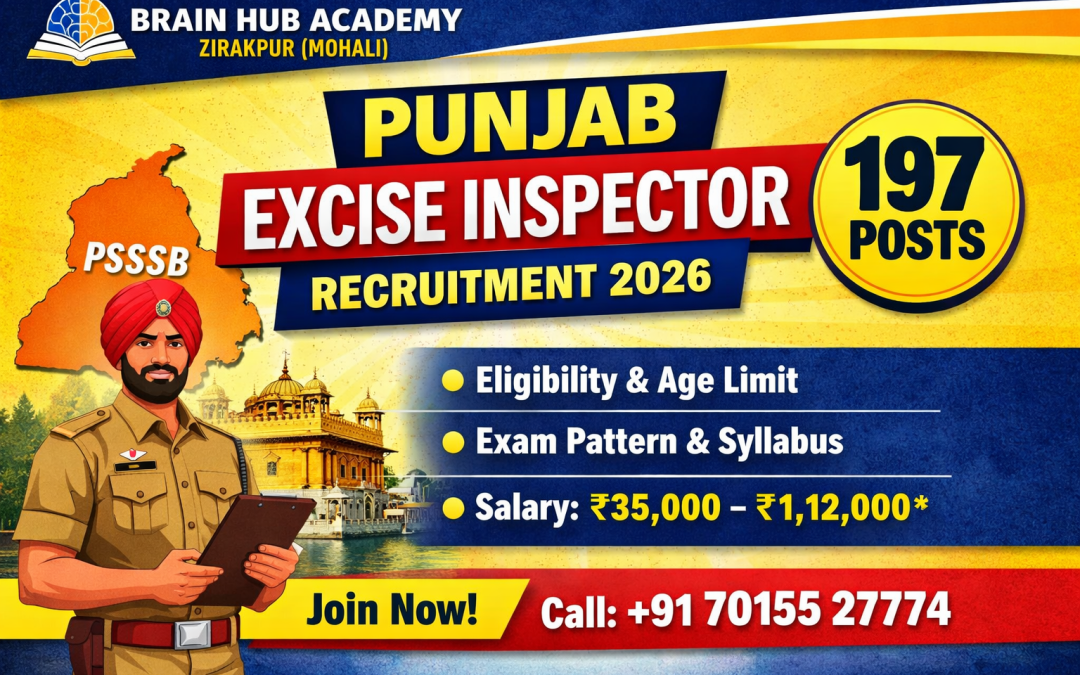 Prepare for Punjab Excise Inspector 197 posts with Brain Hub Academy Zirakpur Mohali. Join best coaching, mock tests & test series at app.brainhubacademy.com.